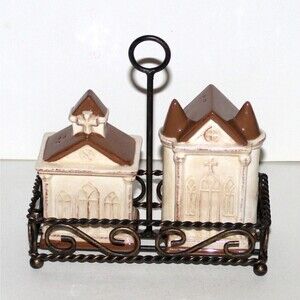 Church Building Salt & Pepper shaker Set on metal stand ceramic brown religious